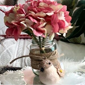 New! Pink Hydrangea Floral + White Long Tail Feathered Peachy Pink Sparkly Bird